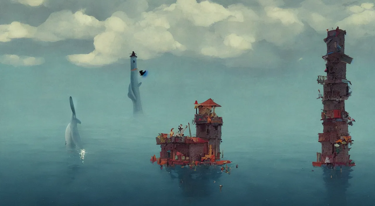 Image similar to single flooded simple whale tower, very coherent and colorful high contrast!! masterpiece by rene magritte simon stalenhag carl spitzweg syd mead norman rockwell edward hopper james gilleard, minimalist, dark shadows, sunny day, hard lighting