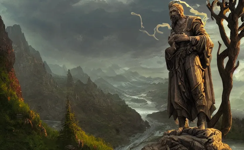 Image similar to A large statue of a wizard guarding a river valley, landscape art, concept art, intense