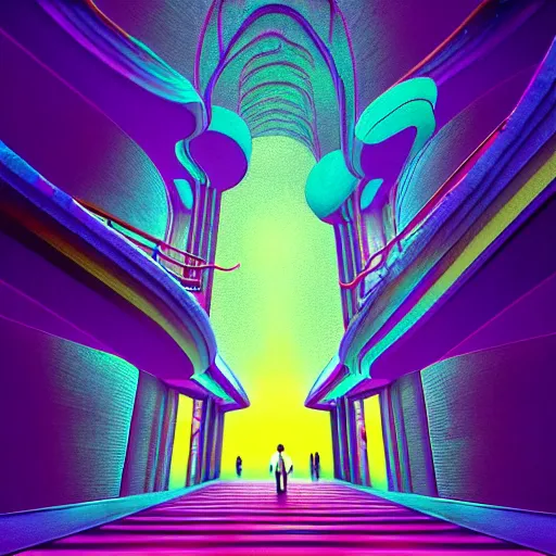 Prompt: photo - realistic, painting of a man walking alone in the boulevard of psychedelic dreams, trippy stairs in the background highly detailed, hyper detail, sharp, in the style of beeple, mobeius, rule of thirds, unreal engine trending on artstation