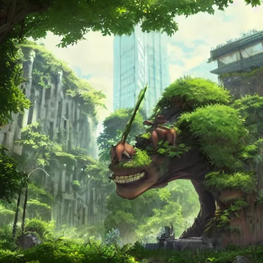 Image similar to a giant troll in city ruins overtaken by vegetation in anime style highly detailed by makoto Shinkai and Raphael Lacoste