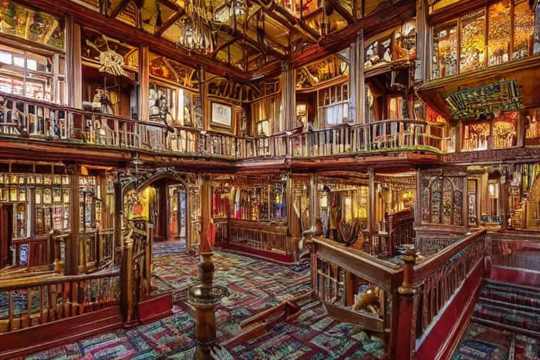 Prompt: full - color photo of the interior of the winchester mystery house. the interior architecture and layout are illogical, surreal, bizarre, complicated, and labyrinthine. there is a faintly - visible victorian ghost lurking and hiding.