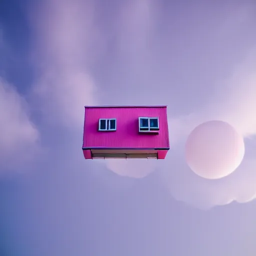 Image similar to a 5 0 mm lens photograph of a cute pink floating modern house, floating in the air between clouds, inspired by the movie up, held up from above by heartshaped ballons. mist, playful composition canon, nikon, award winning, photo of the year