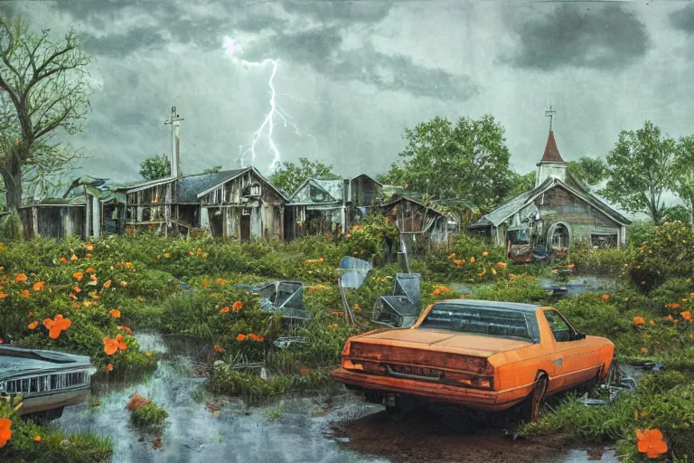 Image similar to hyperrealism, scene from church, thunderstorm, starship, junkyard, louisiana swamps, orange blooming flowers garden, 8 k, 8 0 s japanese sci - fi books art