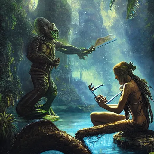 Prompt: UHD photorealistic Creature From The Black Lagoon playing a flute by Greg Rutkowski