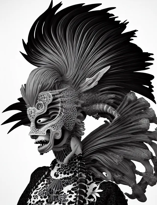 Image similar to 3 d goddess close - up profile simple portrait punk with mohawk with goat skull. beautiful intricately detailed japanese crow kitsune mask and clasical japanese kimono. betta fish, jellyfish phoenix, bio luminescent, plasma, ice, water, wind, creature, artwork by tooth wu and wlop and beeple and greg rutkowski