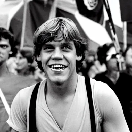 Image similar to rotj luke skywalker goes to pride, getty images, victorious, flags, parade, gay rights, bright smiles, daylight, twenty three year old luke skywalker at gay pride, 3 5 mm photography, played by young mark hamill, very happy, smiling