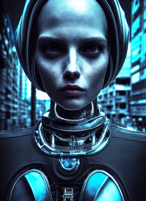 Image similar to portrait, 3 5 mm lomography, robot bouncer, gang clothing, fashion, id magazine, hyperrealism, detailed textures, photorealistic, 3 d cyberpunk apocalyptic city, ultra realistic, cinematic, intricate, cinematic light, unreal engine 8 k,, david kostic, artgerm