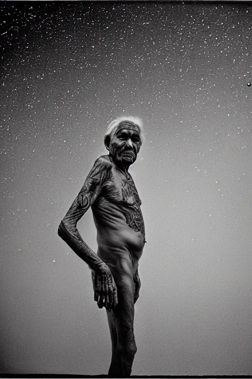 Image similar to one old indigenous man with micron pen ink tattoos stares at the camera, night sky, stars, bruce gilden, leica s, fuji 8 0 0, grainy, low light