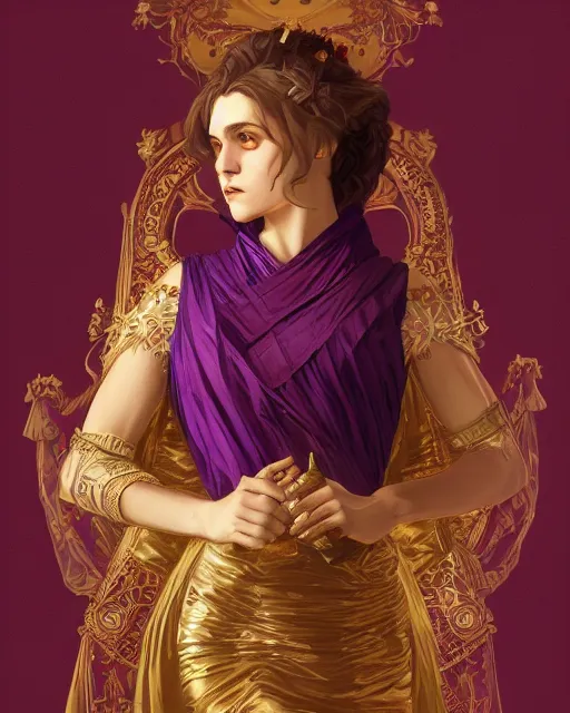 Image similar to greek vampire, ornate purple and gold byzantine dress, very detailed, beautiful, intricate, cinematic, artstation, william bouguereau, alphonse mucha, greg rutkowski, rossdraws, octane render