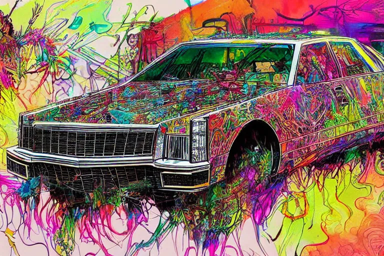Image similar to psychedelic cadillac illustrations by Ralph Steadman and Bill sienkiewicz and carne griffiths