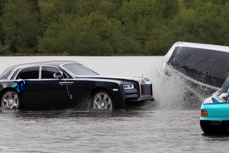 Image similar to Group of teenagers push Rolls-Royce into lake from small slide