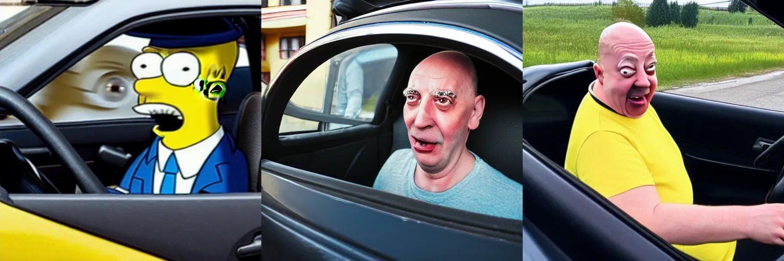 Prompt: Photo of excited real-life Homer Simpson sitting in the driver seat of a LADA VAZ-1111