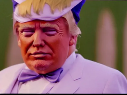 Image similar to donald trump as an oompa loompa with green hair, still from film chocolate factory 1 9 7 1