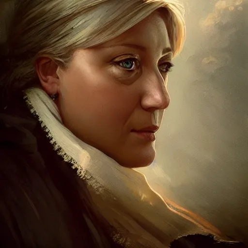 Image similar to Portrait of Marine le Pen , french revolution, amazing splashscreen artwork, splash art, head slightly tilted, natural light, elegant, intricate, fantasy, atmospheric lighting, cinematic, matte painting, detailed face, by Greg rutkowski