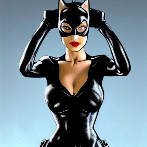 Image similar to High definition, high octane, award winning full body shot of Catwoman posing for the camera, realistic.