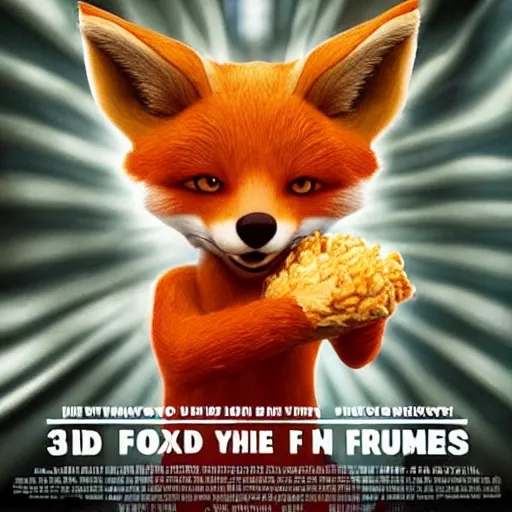 Prompt: animated 3D movie poster featuring an anthropomorphic fox wearing a casual outfit, a lot of fried chicken in the background, promotional media