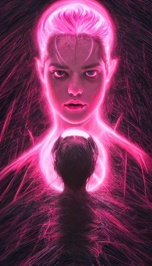 Image similar to door to the soul, furious gorgeous woman, glowing pink black hair, face covered in dirt, lord of the rings ,neon, fibonacci, sweaty, insane, intricate, highly detailed, digital painting, artstation, concept art, smooth, sharp focus, illustration, Unreal Engine 5, 8K, art by artgerm and greg rutkowski and alphonse mucha