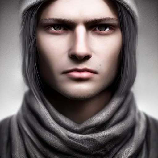 Image similar to a highly detailed Portrait of a young man with light gray long hair, purple eyes, in a black cloak, artstation, DeviantArt, professional, octane render