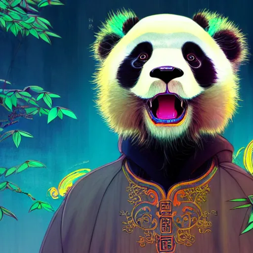 Image similar to a beautiful hyperdetailed character design 4 k wallpaper illustration of a cute panda with a chinese lion dance head victo ngai cyberpunk style, from china, style of studio ghibli, makoto shinkai, raphael lacoste, louis comfort tiffany, artgerm, james jean, ross tran, chinese style