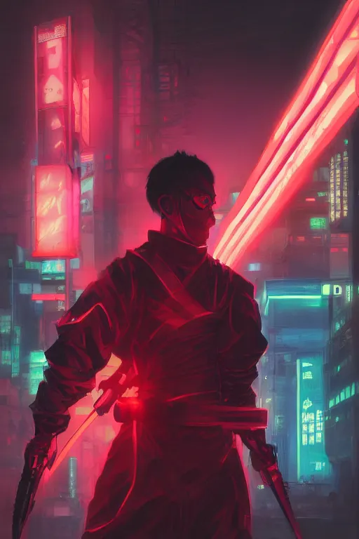 Image similar to portrait of ninja slayer, japan, in cyberpunk, neon lighting, night city, digital art from artstation by Ruan Jia and Mandy Jurgens and Artgerm and william-adolphe bouguereau and Greg Rutkowski