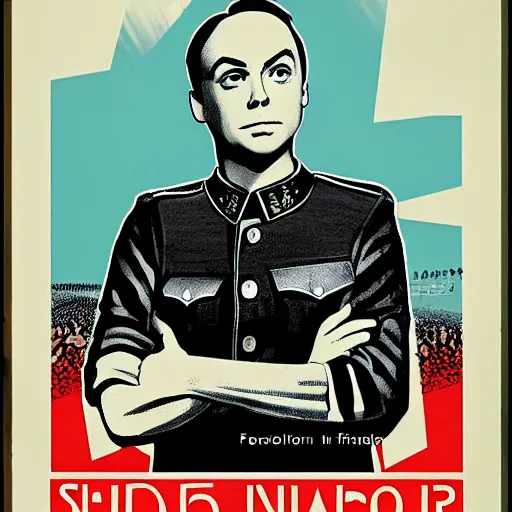 Image similar to propaganda poster of Sheldon Cooper in front of a large army