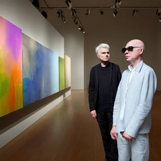 Image similar to david byrne and brian eno are looking for ideas in an art museum