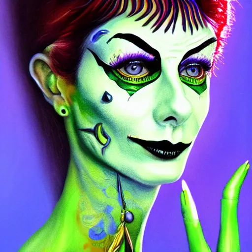 Image similar to an extremely psychedelic portrait of elvira as the riddler, surreal, lsd, face, detailed, intricate, elegant, lithe, highly detailed, digital painting, artstation, concept art, smooth, sharp focus, illustration