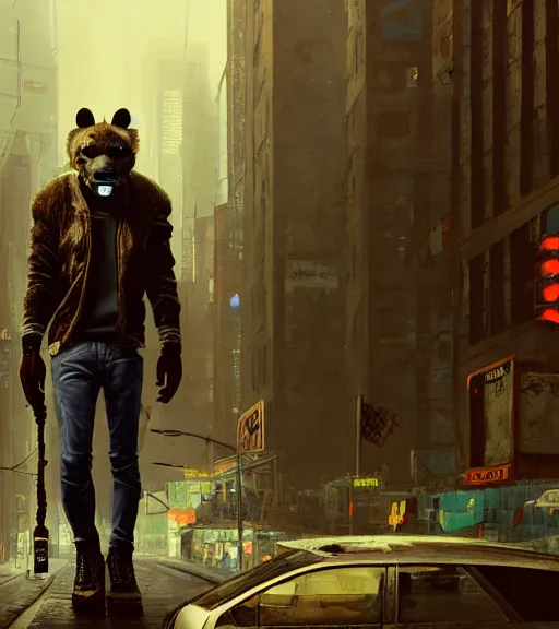 Image similar to new york city portrait of furry anthro anthropomorphic spotted hyena head animal person fursona wearing clothes strange cybernetic muzzle gloomy rainy screenshot from the video game cyberpunk 2077 digital art by Greg Rutkowski, Simon Stalenhag, christopher nolan trending on Artstation, CGSociety