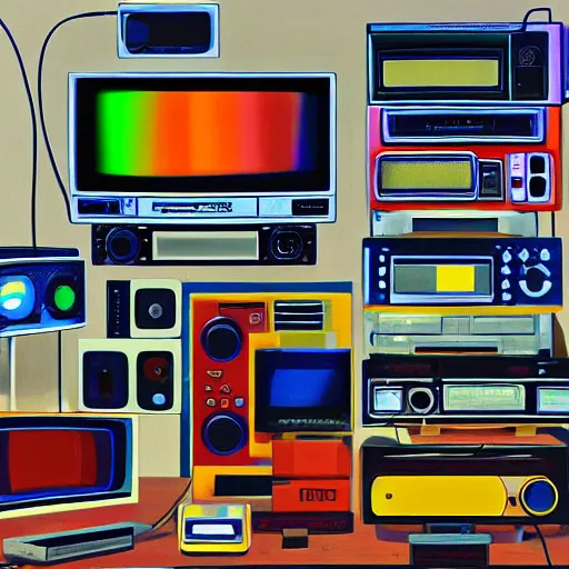 Prompt: an array of crt televisions stacked on each other, antenna, vintage radio, video game controller, n 6 4, acrylic painting