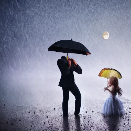 Prompt: rain, moon, knight and princess, realistic photography