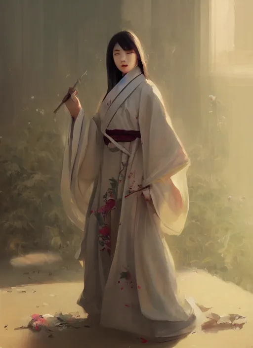 Image similar to oil painting girl wearing hanfu, herb rose, by greg rutkowski, artstation