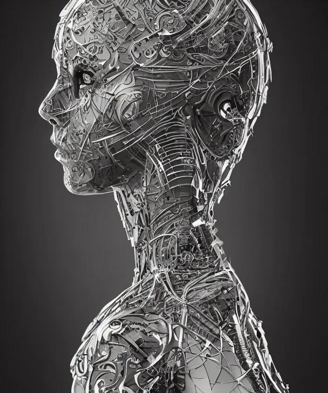 Image similar to a woman turning into an android, portrait, wearing aa cybernetic body, surrealism, intricate detail, ornate armor