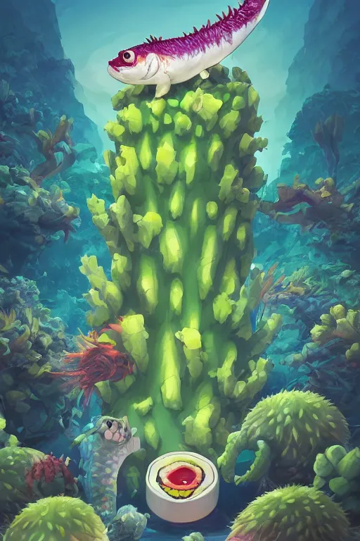 Image similar to 3 d render creature animal sushi cristal very big eye roots cactus elemental flush of force nature micro world fluo fishscale, comics gta 5 cover, official fanart behance hd artstation by jesper ejsing, by rhads, makoto shinkai and lois van baarle, ilya kuvshinov, ossdraws