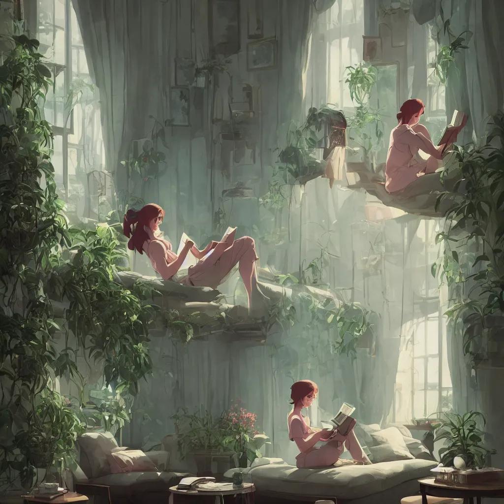 Prompt: beautiful scene render of a person sitting at a sofa, reading a book, dimly lit bedroom, hot cocoa drink, green plants, perfectly shaded, atmospheric lighting, style of makoto shinkai and peter mohrbacher, studio ghibli. artgerm, karol bak, beeple, animation style, 8 k hd, ultra wide angle, hyper detailed