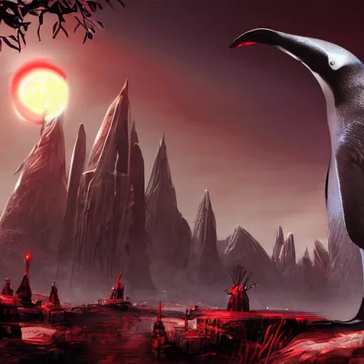 Image similar to penguin with red glowing eyes in the foreground, eternal necropolis tower in the background, guild wars 2 art style