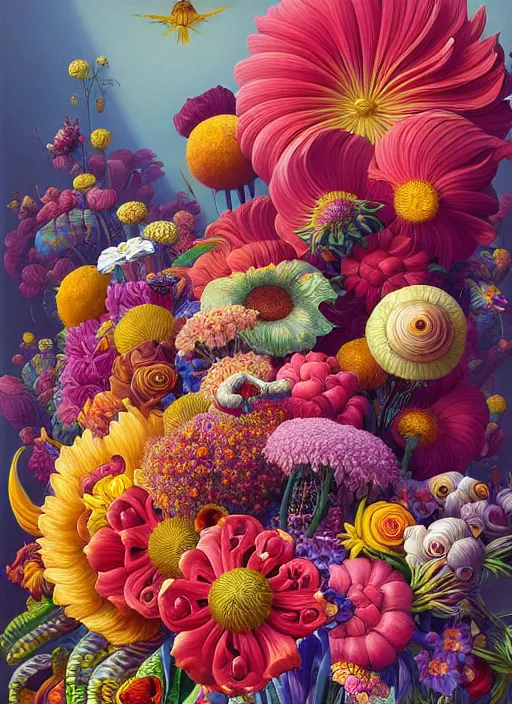 Image similar to hyper detailed illustration like a Oil painting - a vivid exotic flower bouquet, long petals, huge blossoms, by Jacek Yerka, Mariusz Lewandowski, Houdini algorithmic chromatic colors, long brush strokes, Masterpiece, Edward Hopper and James Gilleard, Zdzislaw Beksinski, Mark Ryden, Wolfgang Lettl, hints of Yayoi Kasuma, octane render, 8k