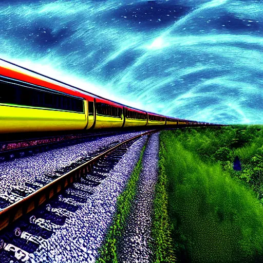 Image similar to A digital art of an Indian train flying through the sky with magical jet turbines, but as a photograph