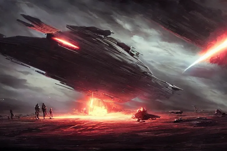 Image similar to ultra realistic, cinematic, detailed, deep focus, movie still, dramatic lighting, ray tracing, artgerm and greg rutkowski concept art for scene : the death star is rocked by explosions as the rebel fleet zooms over, unloading a heavy barrage. luke struggles to carry the enormous weight of his father's dying body toward an imperial shuttle.