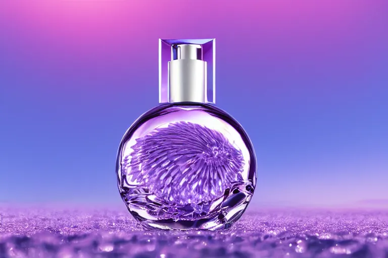 Image similar to perfume bottle close shot, sharp focus, global illumination, standing on lilipads in a cool blue frosted pond, dramatic, mid day, lilac aurora borealis background, soft lilac skies, large scale, hyperrealistic, lots of detail, realistic lighting, octane render, by wlop, artgerm, trending on artstation