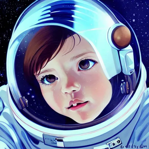 Prompt: a painting of a little girl with short wavy curly light brown hair and blue eyes, floating in space. she is an astronaut, wearing a space suit. beautiful detailed face line art by ilya kuvshinov