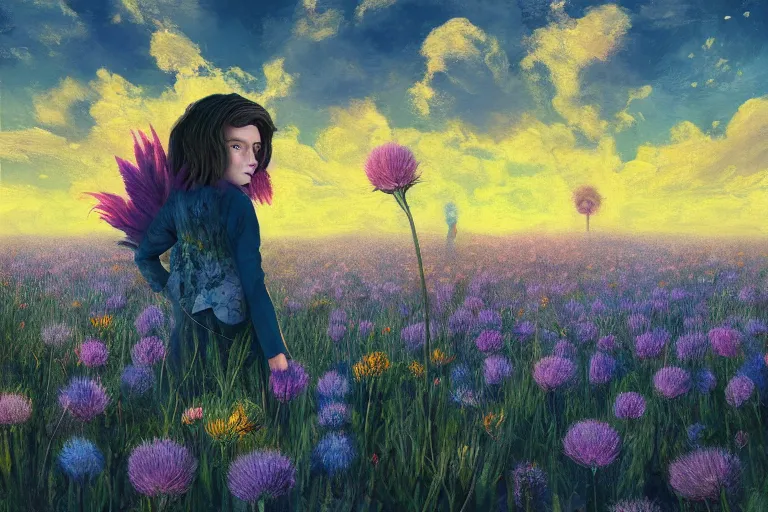 Image similar to closeup, giant thistle flower under head, a girl in a suit in field of flowers, surreal photography, sunrise, blue sky, dramatic light, impressionist painting, digital painting, artstation, simon stalenhag