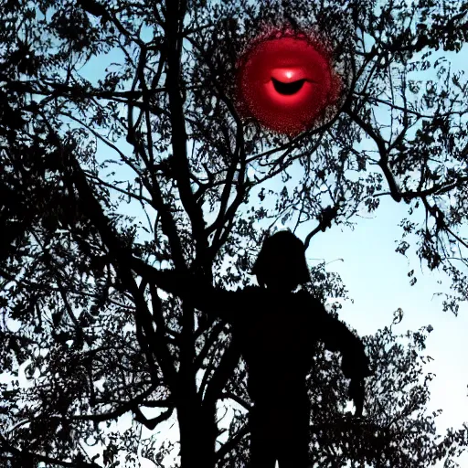 Prompt: shadowy figure on top of a tree, scary red eyes, smiling