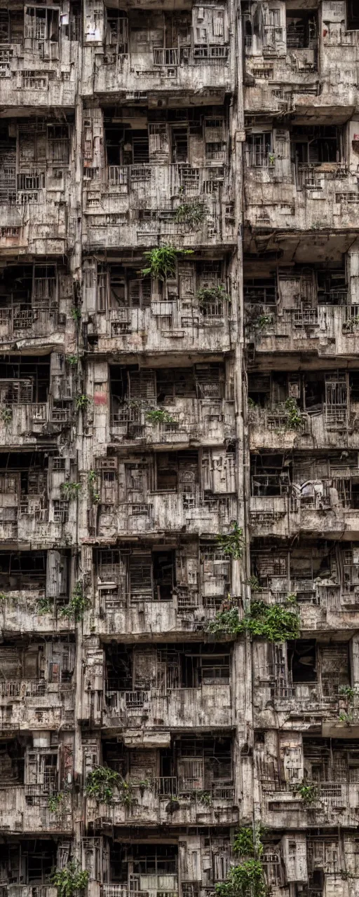 Prompt: close up of apartments from Kowloon Walled City, overgrown, abandoned, detailed, 8k