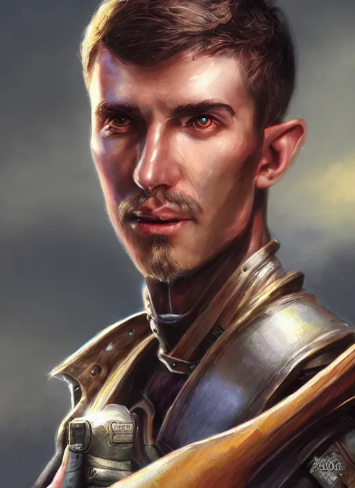 Prompt: buzzcut hair stubble male gunslinger shooter, dndbeyond, bright, realistic, dnd character portrait, full body, art by ralph horsley, dnd, rpg, lotr game design fanart by concept art, behance hd, artstation, deviantart, global illumination radiating a glowing aura global illumination ray tracing hdr render in unreal engine 5