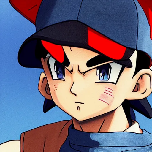 Image similar to ash ketchum as in dragon ball, by akira toriyama, wlop, ilya kuvshinov, range murata, stark colours, detailed face, realistic shaded perfect face, fine details, realistic shaded lighting, fabulous, detailed lashes