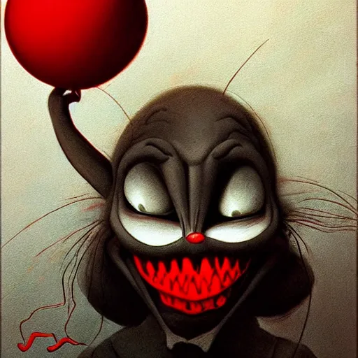 Prompt: scribble painting of bugs bunny with a wide smile and a red balloon by Zdzisław Beksiński, loony toons style, pennywise style, corpse bride style, creepy lighting, horror theme, detailed, elegant, intricate, conceptual, volumetric light