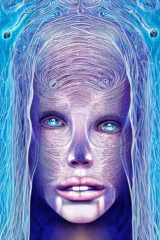 Prompt: dark underwater portrait of a Bioluminescent ancient woman, with reaction diffusion semi-transparent skin. face closeup. long intricate dark hair, with jellyfish. very high detail, illustration, by alex grey and Ilya Kuvshinov