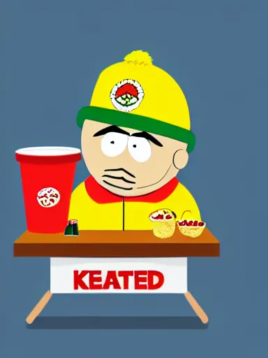 Image similar to highly detailed portrait of scarface as cartman from south park, holding a bucket of kfc, a line of gravy on the desk in front of him, flat light, paper cutout, flat design, papercraft, detailed and intricate environment