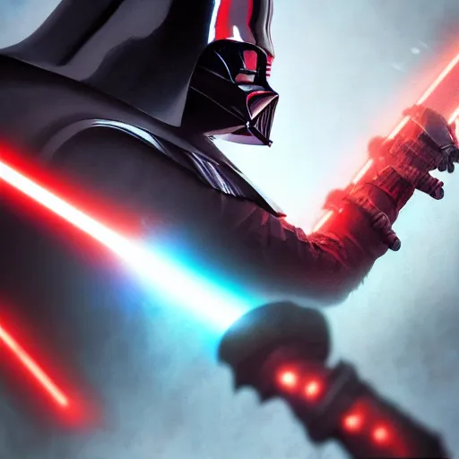 Image similar to portrait of darth vader wielding red lightsabre, league of legends amazing splashscreen artwork, legends of runeterra, splash art, natural light, elegant, photorealistic facial features, intricate, fantasy, detailed face, atmospheric lighting, anamorphic lens flare, cinematic lighting, league of legends splash art, hd wallpaper, ultra high details by greg rutkowski