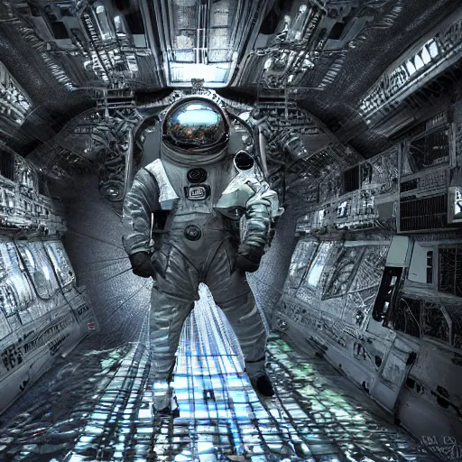 Image similar to concept art by craig mullins astronaut in futuristic dark and empty spaceship underwater. infrared complex and hyperdetailed technical suit. mandelbulb fractal. reflection and dispersion materials. rays and dispersion of light. volumetric light. 5 0 mm, f / 3 2. bokeh. noise film photo. flash photography. unreal engine 4, octane render. interstellar movie art